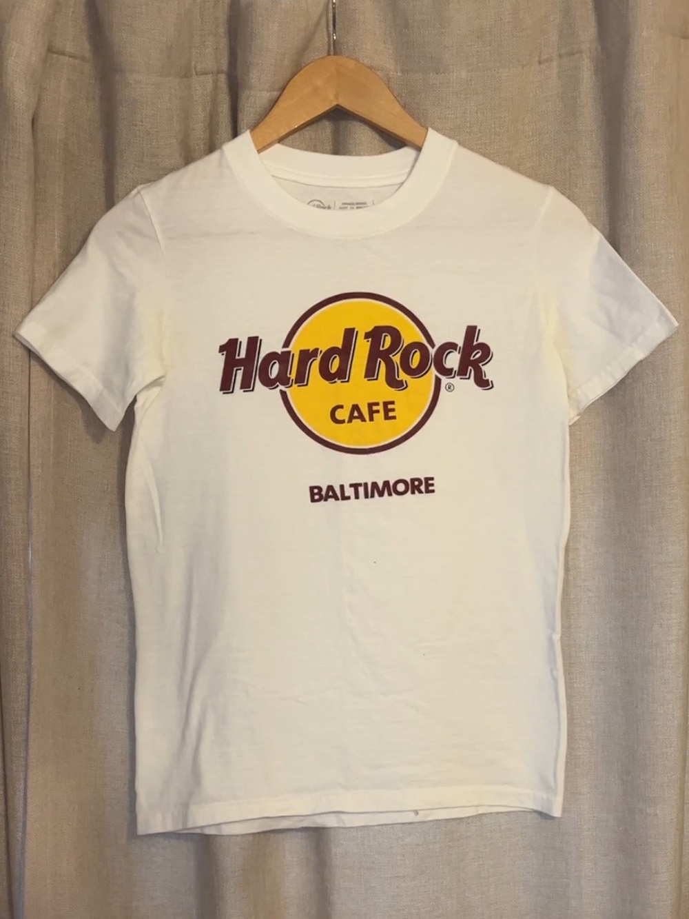 Hard Rock Cafe Baltimore White Tee with Yellow and Maroon Logo